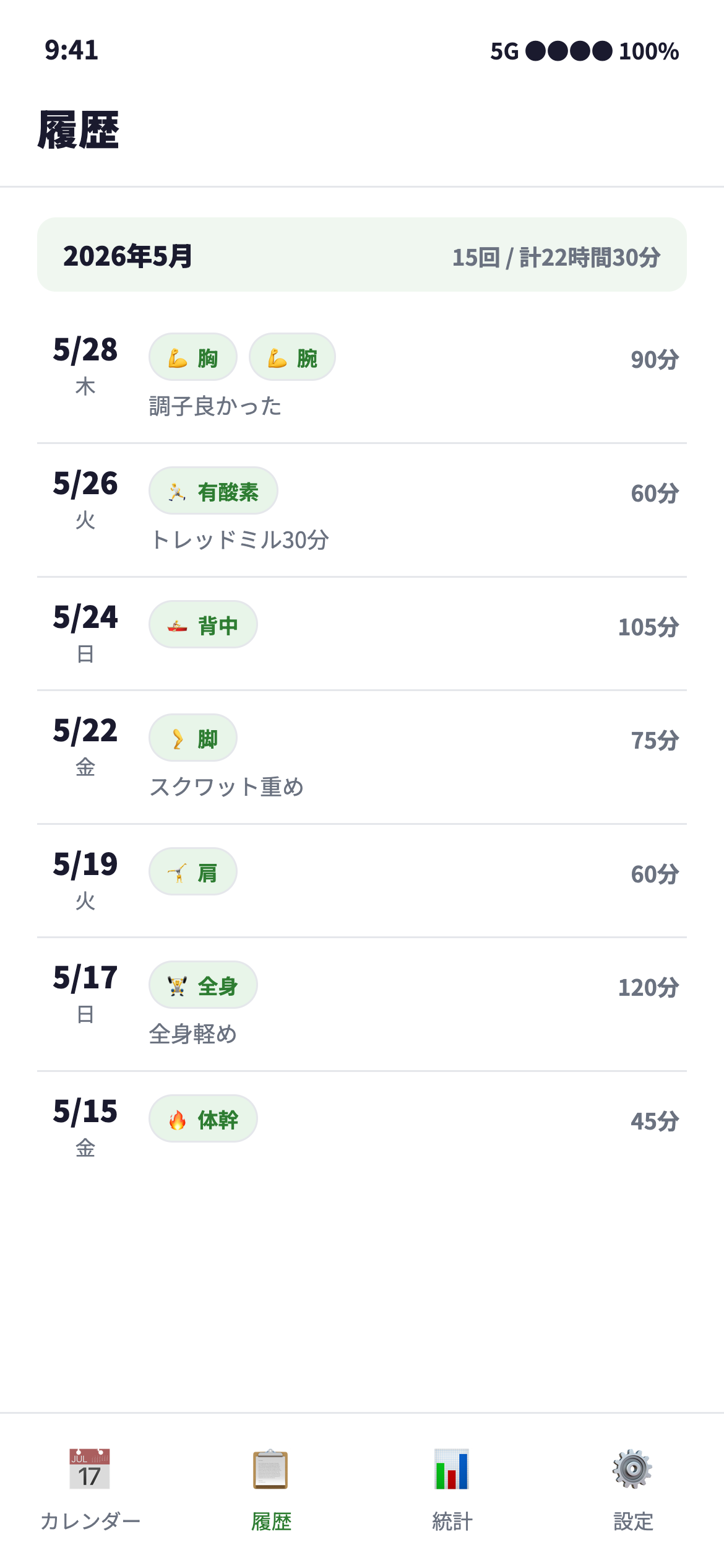 トレーニング履歴の一覧画面